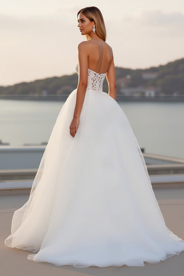Lace Strapless A Line Tulle Ivory Wedding Dress
